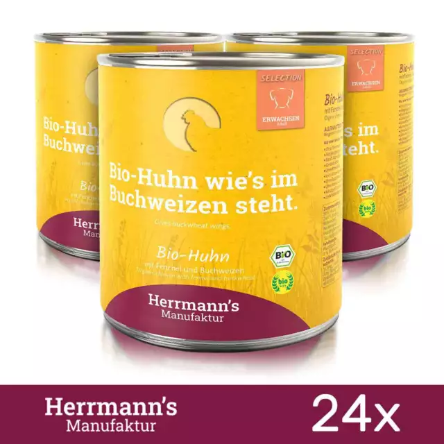 24 x Herrmanns comida para perros pollo orgánico con hinojo y alforfón MHD enero 800 gr 2024