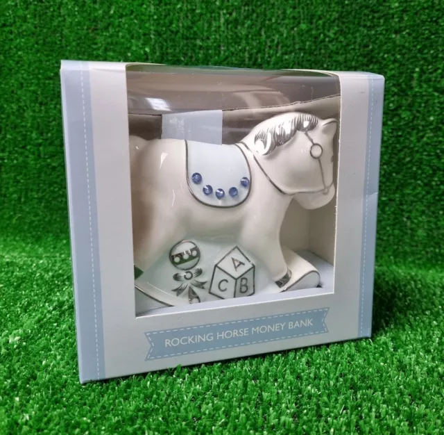 Blue White Ceramic Rocking Horse Money Box New Born Christening Gift