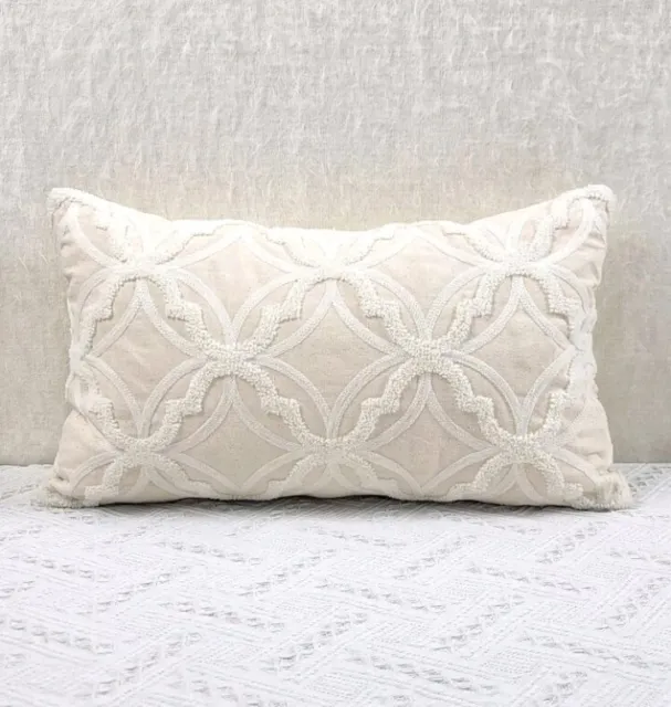 Luxurious rectangle Cushion Cover Cotton Embroidered Soft Cream bohemian