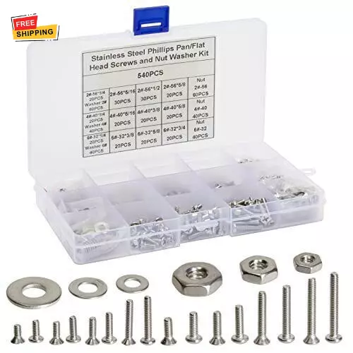 540 Pieces Stainless Steel Phillips Pan and Flat Head Machine Screws Nuts