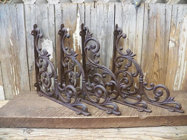 Set of 4 X-LARGE Cast Iron Shelf Brackets Rustic Brown Antique Style 13" x 13"