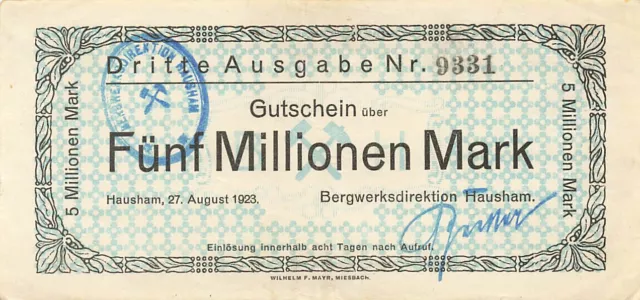 Hausham - Bergwerksdirektion - Notgeld - 5 Millionen Mark - Stempel - 3. Ausgabe