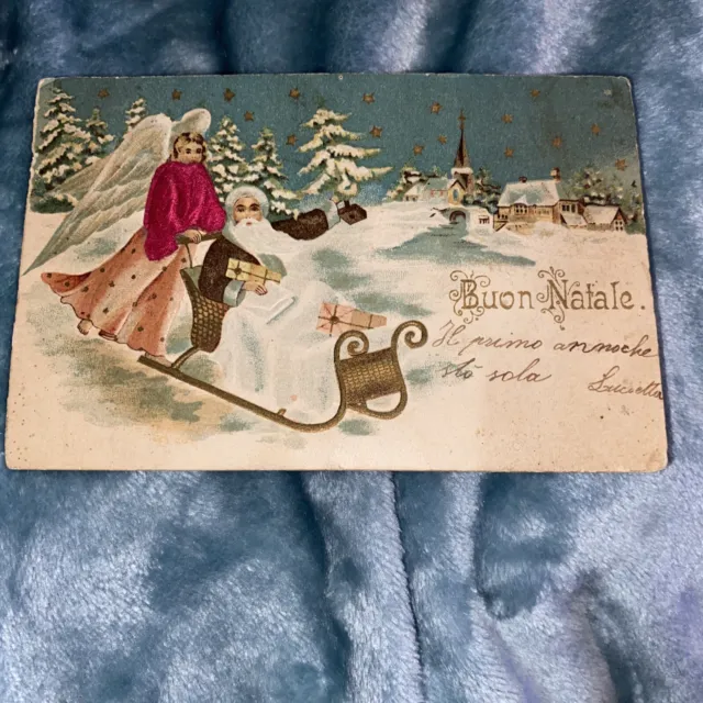 Christmas Antique Buon Natalie Santa Angel Silk Robe Postcard Embossed Napoli
