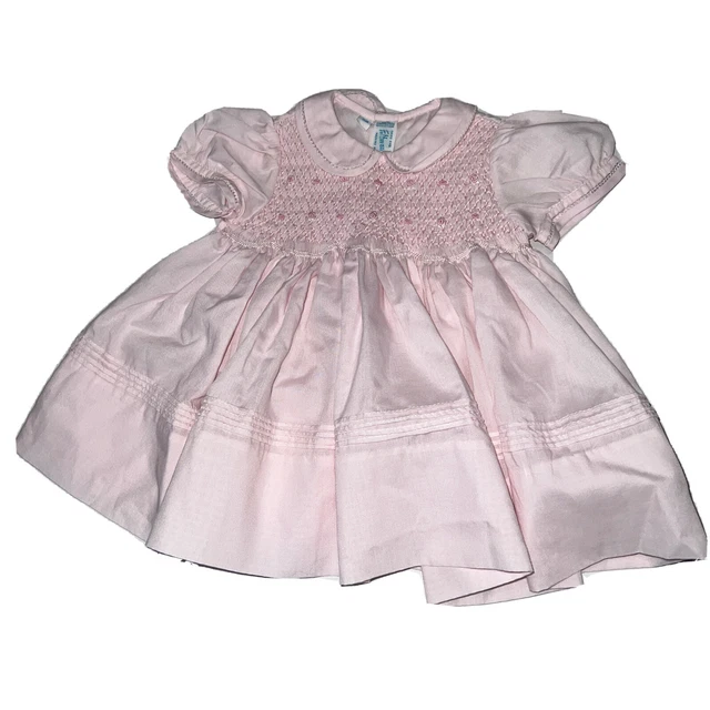 Vtg Feltman Bros 3 Months Hand Embroidered Smocked Pink Baby Girl Dress