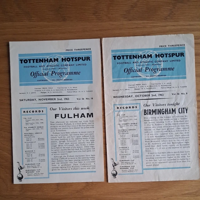 2 X TOTTENHAM Hotspur Home Programmes From 1962/1963 Season £2.23 ...