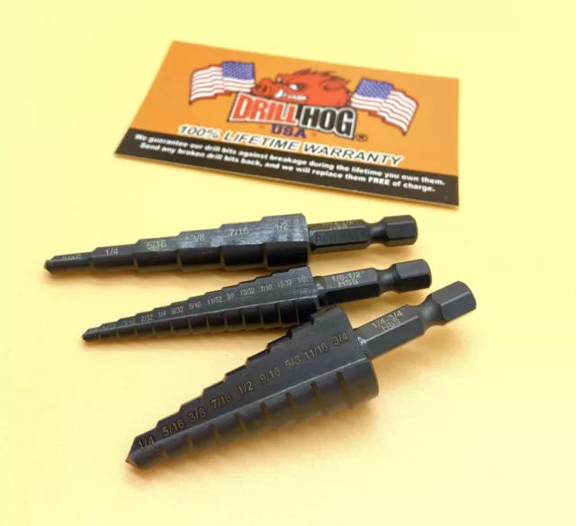 Drill Hog® 3 Pc Step Drill Bit Set UNIBIT Pig Steel M60 1/4 Hex Shank Impact
