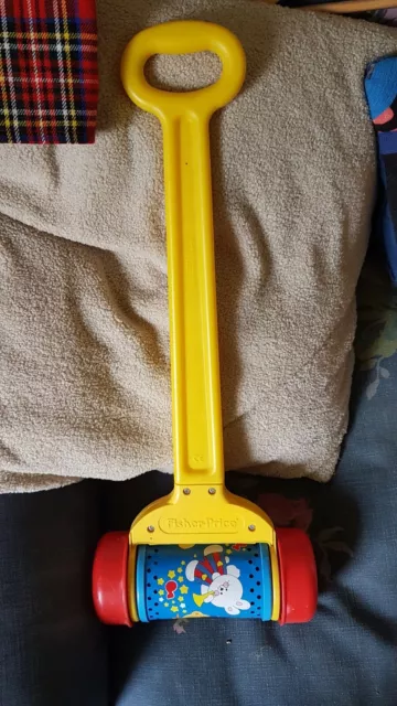 Vintage Fisher Price Musical Melody Chime Push Roller Toy Yellow Handle 22”