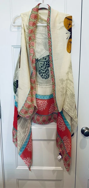 Design Demdaco Artist Series ,Womens Long Boho Vest, Cream with colorful butterf