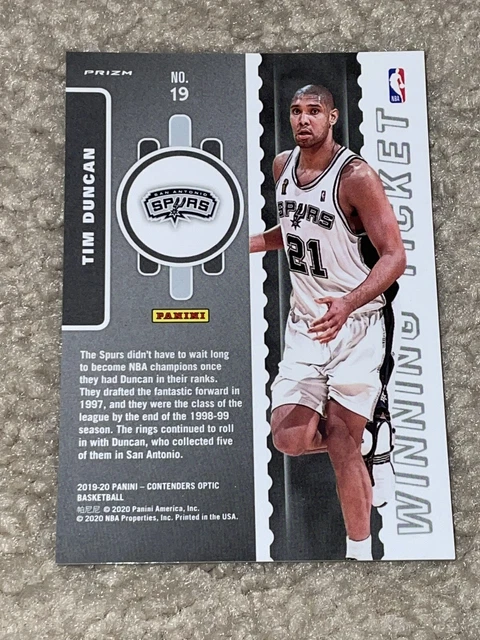 2019-20 Panini Contenders Optic Tim Duncan Winning Ticket Silver Prizm #19 Spurs 2