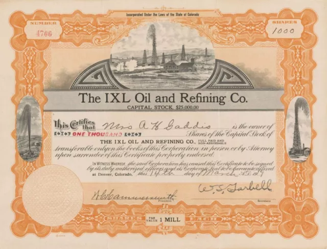 IXL Oil and Refining Co. - Stock Certificate - Oil Stocks and Bonds