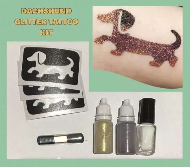 Dachshund Sausage Dog Glitter Tattoo Kit Stencils/Body Glue/Puffer Bottles