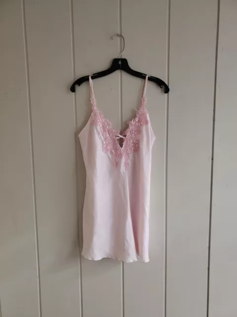 VTG SHIRLEY OF Hollywood Pink Satin Lace Chemise Slip Dress Applique ...