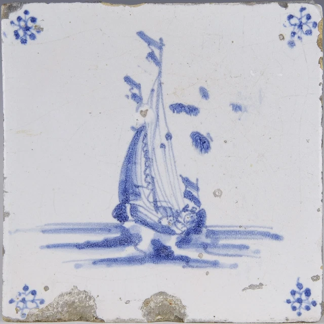 Nice Dutch Delft Blue tile, sailboat, 17th century.