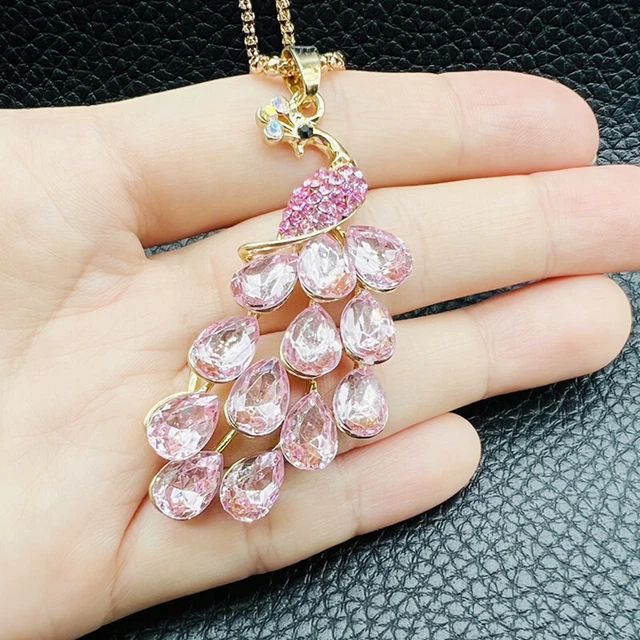 Betsey Johnson Rhinestone Crystal Cute Peacock Pendant Sweater Necklace Chain