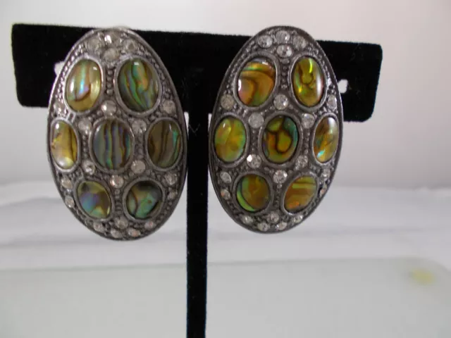 Oval Clip Earrings Rhinestone Accent Abalone Cabochons Antiqued Silver Free Ship