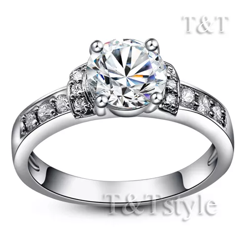 TTstyle 18K White Gold GP Engagement Wedding Ring with 7mm Cubic Zirconia