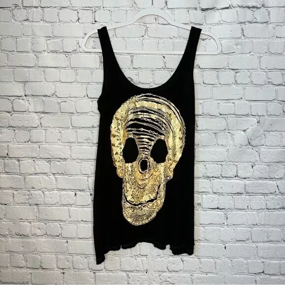 Lauren Moshi black metallic skull chains graphic tunic tank small new