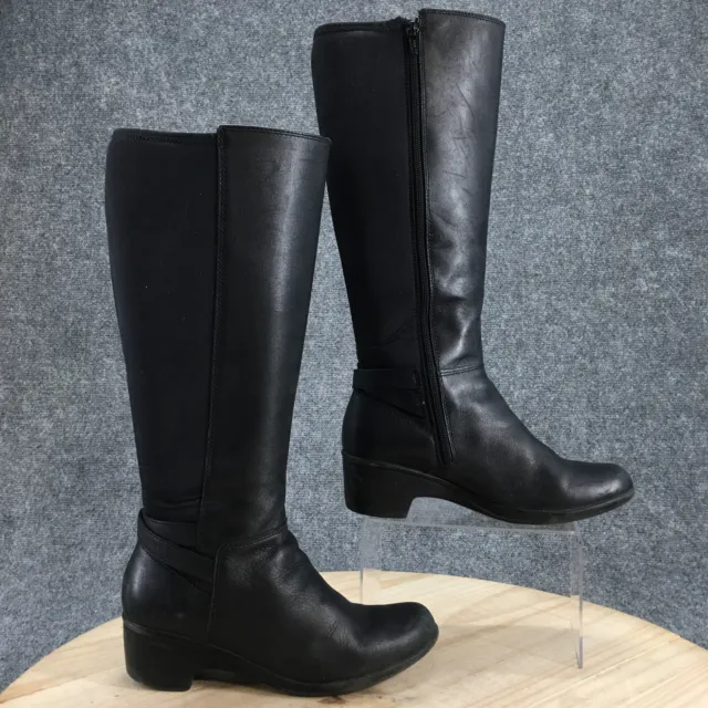 Clarks Boots Womens 8 M Tall Side Zip Riding Boot Black Faux Leather Heels