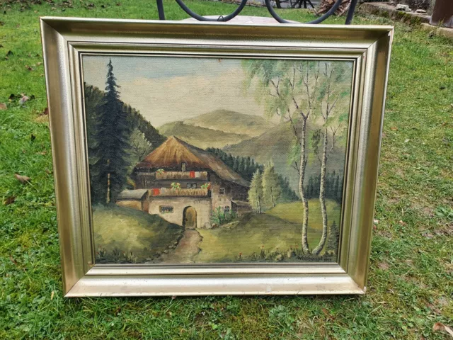 Alte Ölmalerrei Bauernhaus in Landschaft Signiert Weishaupt 1959