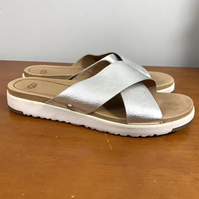 UGG Kari Criss Cross Slide Sandals Size 8 Silver Metallic Leather Treadlite