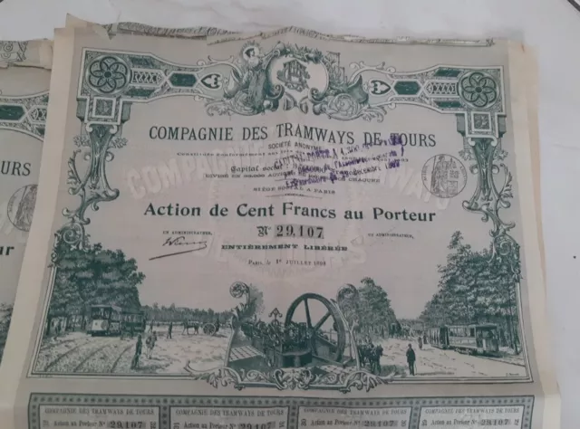 Compagnie Des Tramways De Tours Lot De 10 Actions De 100 Francs Tours 1898 Rare