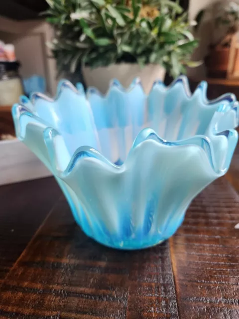 Vintage Fostoria Glass Heirloom Blue Opalescent Ruffle Bowl