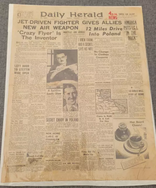 Daily Herald 2. Weltkrieg Jet Kriegsflugzeug Franc Wittle Zeitung 7. Januar 1944