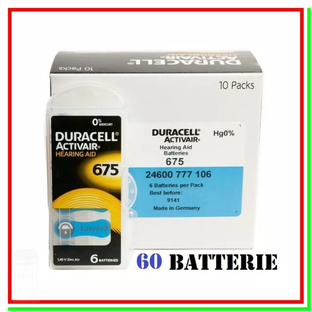 batterie per apparecchi acustici 675 duracell hearing aid 60 pile per protesi