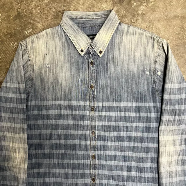 Dsquared2 Men's 50/US M Denim Striped Punk Shirt Blue Distressed Rare 2