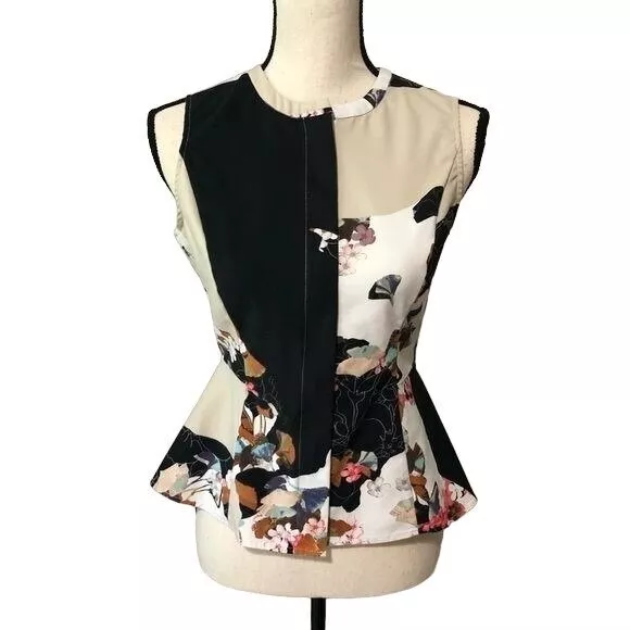 3.1 Phillip Lim Womens Size XS Top Mixed Print Floral Neutral Sleeveless Peplum