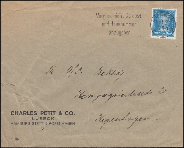 Firmenlochung CPC auf 393 Goethe 25 Pf als EF auf Auslandsbrief LÜBECK 19.1.29