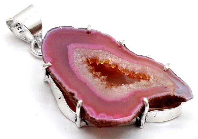 Pendentif en argent sterling 925 avec tranche d'agate Druzy et pierres...