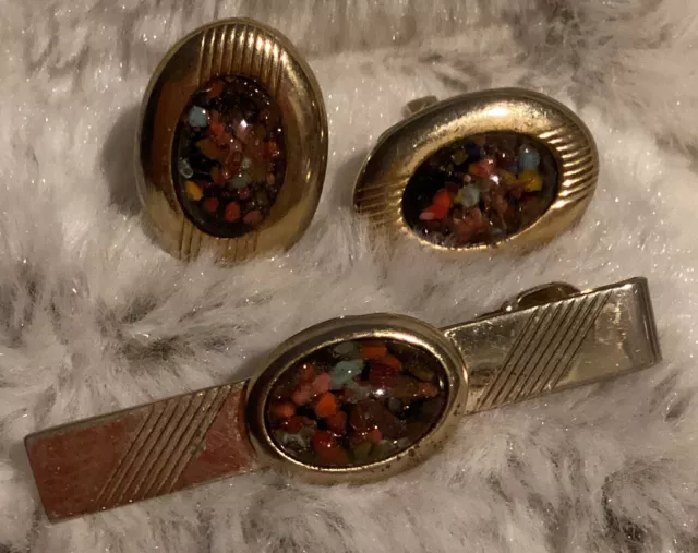 Vintage Anson Cuff Links Tie Clip Bar Gold Tone Bubble Glass Confetti Set Retro