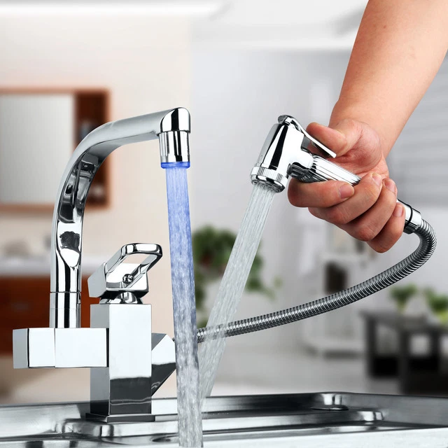 UK LED Head Pull Out Kitchen Sink Bar Faucet Swivel Vessel Mixer with Spray Taps