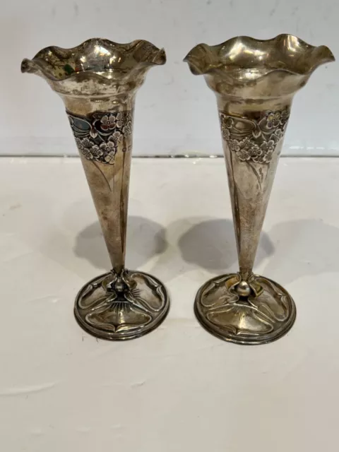 RARE pair art nouveau sterling silver vases London 1900 7.5” 241 gm W Hutton son