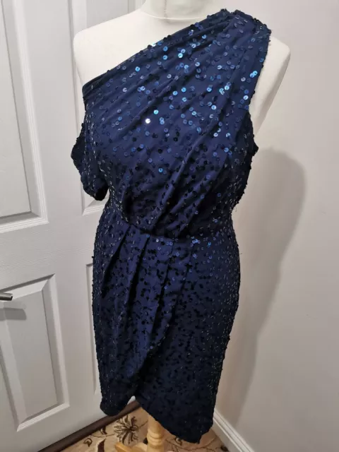 ASOS Design Drape Pencil Midi Dress in All Over Sequin Navy UK 8