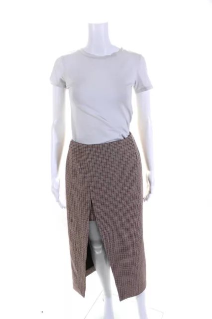 Maje Womens High Slit Woven Check Midi Pencil Skirt Brown Burgundy Size FR 36