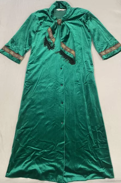 Vintage Evelyn Pearson Women Housecoat Robe  L Green Velour Fancy Collar Ribbon