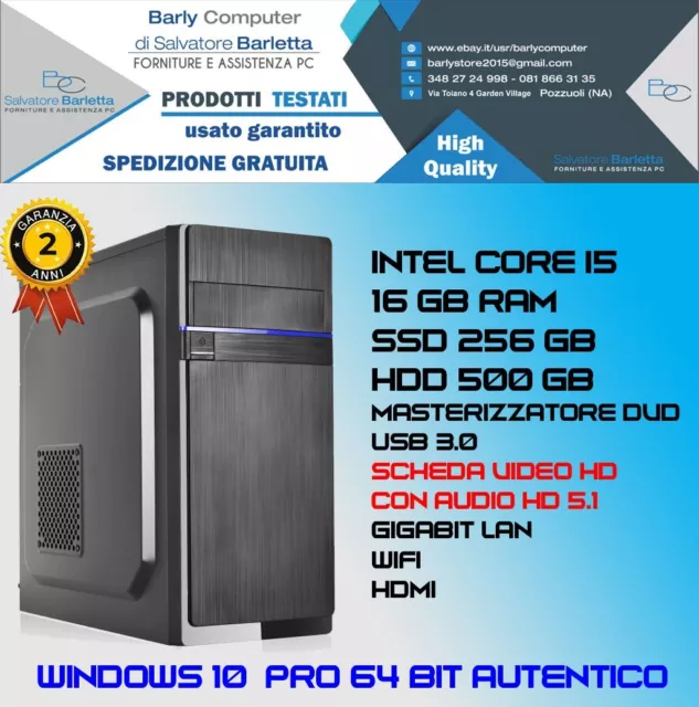 COMPUTER FISSO ASSEMBLATO NUOVO PC i5 16GB RAM SSD 256 + 500 WINDOWS 10 PRO WIFI