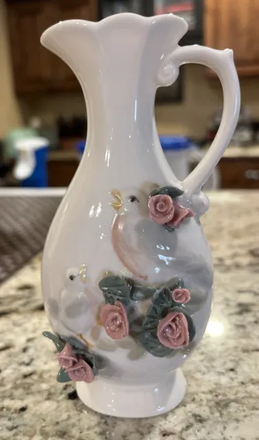 Vintage Small Hand Painted Ceramic Pitcher  Vase  with Birds & 3-D Roses