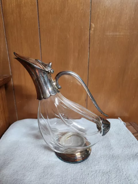 DUCK GOOSE GLASS Crystal Silver PLATED METAL DECANTER PITCHER Vintage