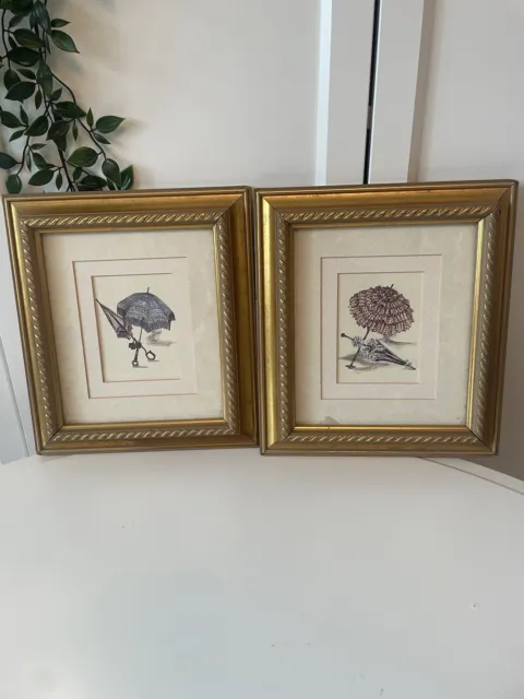 2 x Parasol Art Prints Gilt Frames Victorian Edwardian Fashion Hand Tinted Pair