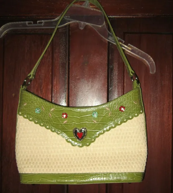 Purse Handbag Shoulder Bag Faux Vegan Leather Straw Jeweled Flowers Heart Green