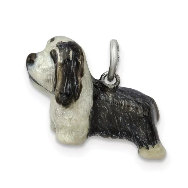 Sterling Silver Enameled Bearded Collie Charm Pendant 0.63"