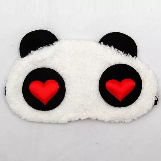 Masque de sommeil nuit repos peluche tête de panda blanche yeux coeurs original