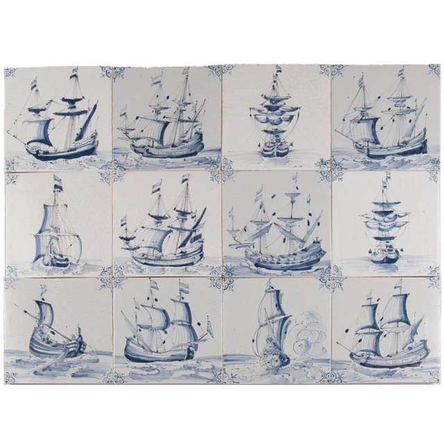 Nice field of 12 Dutch Frisian Blue tiles, V.O.C. ships, 17th. ct. style.