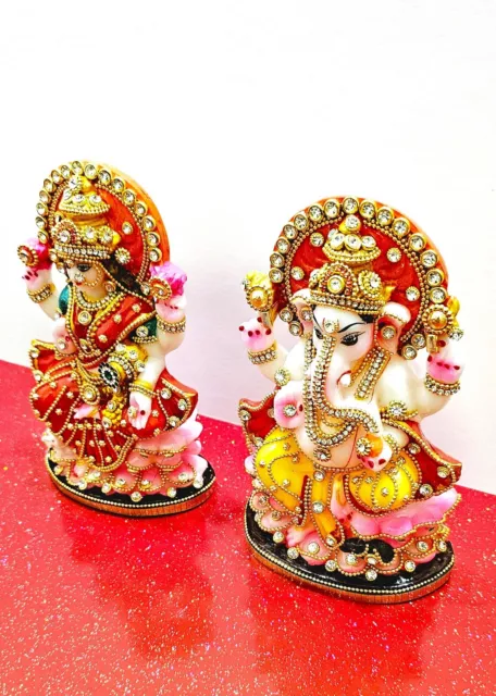 Rare Lord Ganesh , Goddess Lakshmi / Laxmi Stone Decorated Statue Set 3