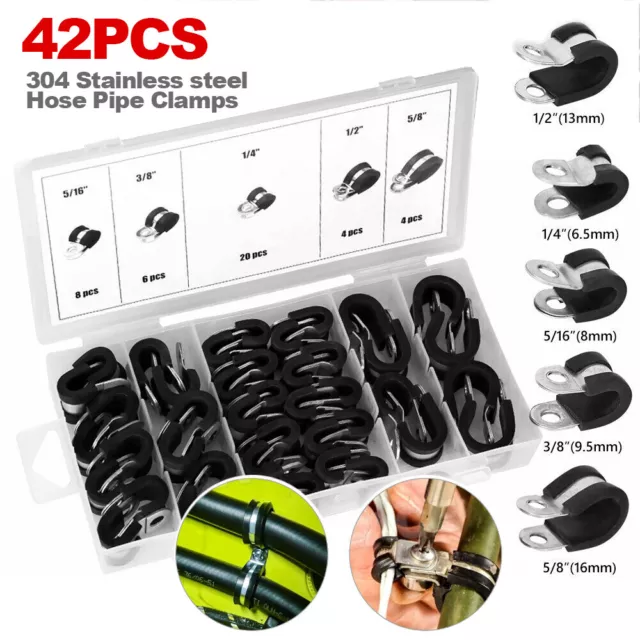 Set 42X EPDM Rubber Lined P Clips Cable Hose Pipe Clamps Holder Air Clip Clamp