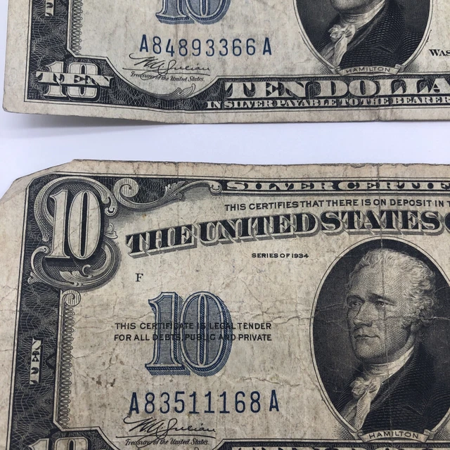 1934 A & 1934  $10 Ten Dollar Silver Certificate Note Blue Seal 9