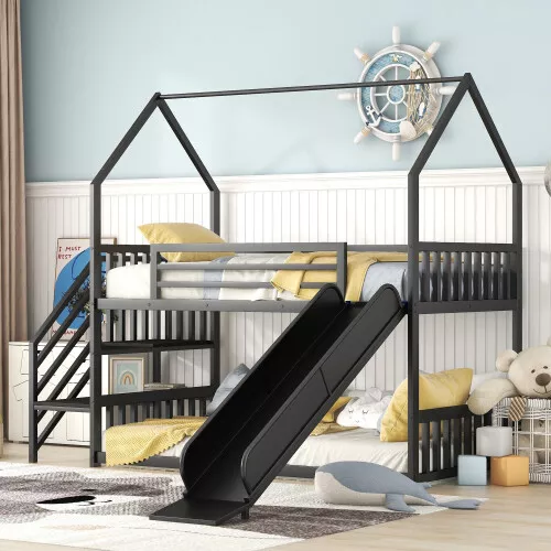 Twin Over Twin House Bunk Bed with Storage Staircase & Slide Metal Kids Bunk Bed